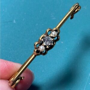 Antique Edwardian Gold Tone Bar Brooch Seed Pearl Paste Stone Filigree Pin 2in